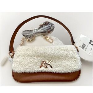 Anne Klein Chestnut Luxury Shearling Pouchette Shoulder Bag Crossbody Strap